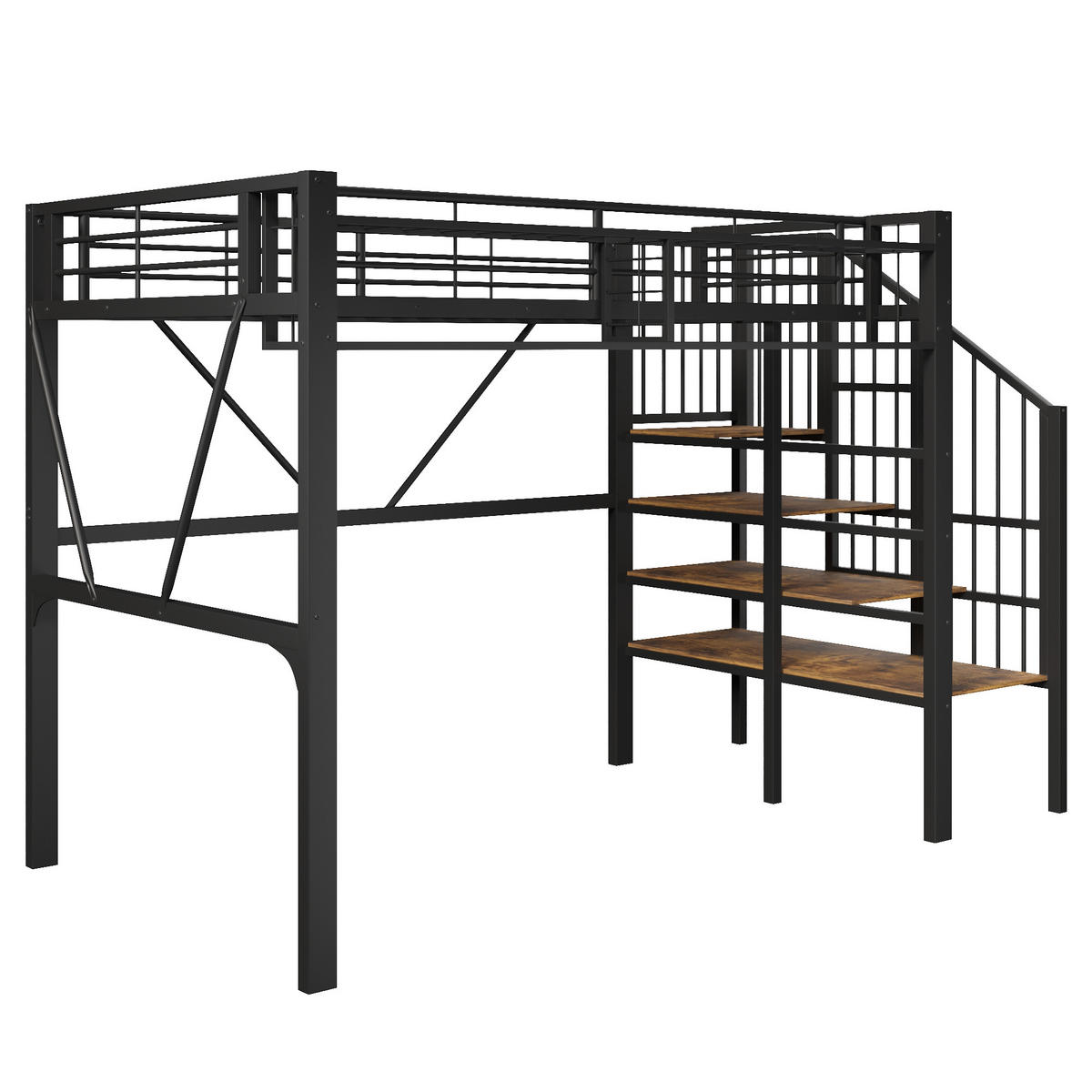 HOCHBETT 90/200 cm in Schwarz mit Stufenregal, Gitterelementen, Stauraum und LED aus Metall und MDF - Schwarz, Metall - STILVORA