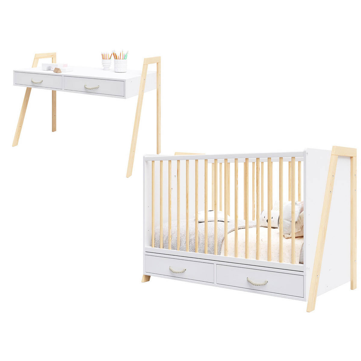 BABYBETT Liv, Mitwachsendes, Schreibtisch 2in1 Weiß und Kiefer - Kieferfarben, Holz (60/120cm) - Premiers Moments