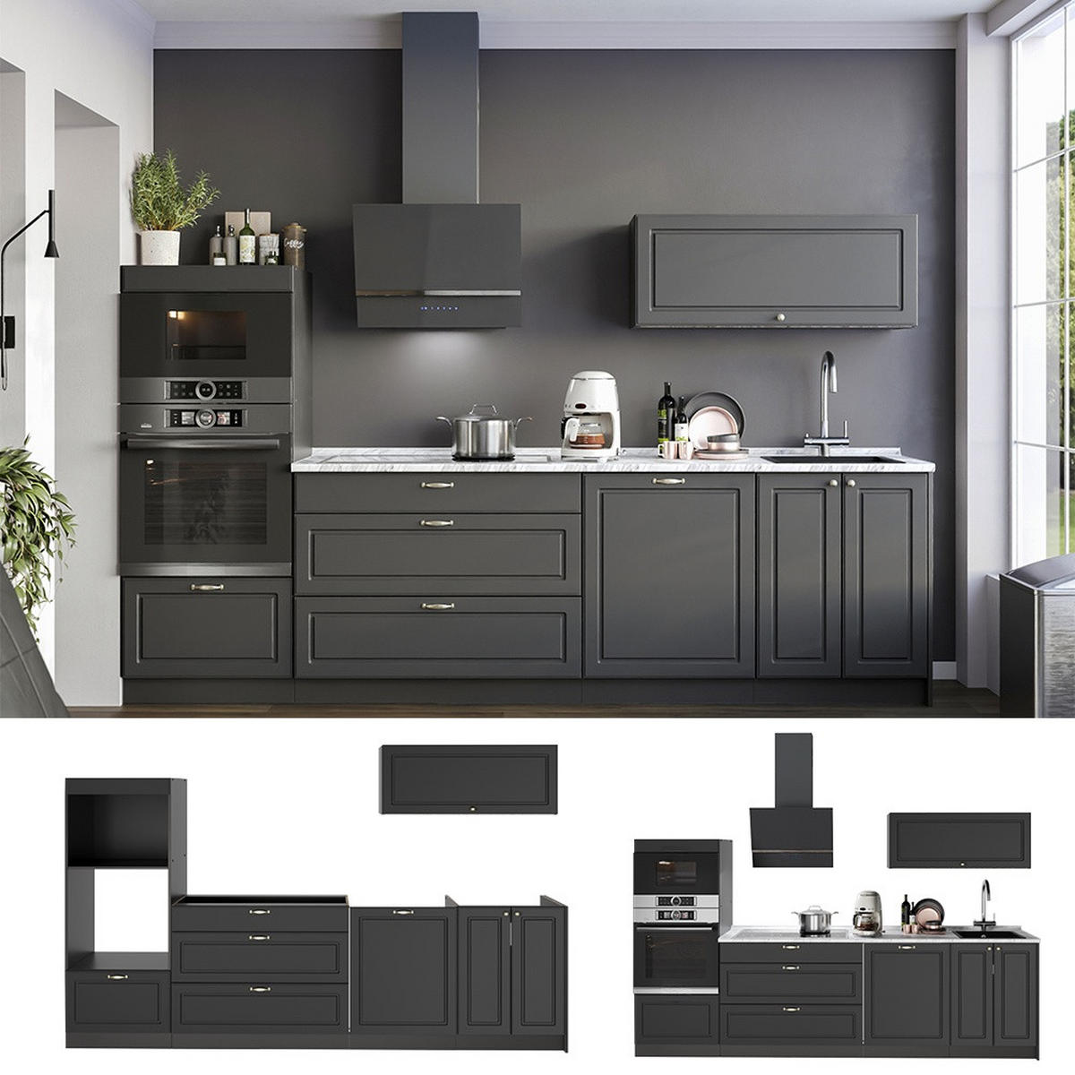 KÜCHENZEILE Fame-Line, Anthrazit-Gold Landhaus/Anthrazit, 280 cm, AP Anthrazit - Anthrazit, Holzwerkstoff (280/153.6/60cm) - Vicco
