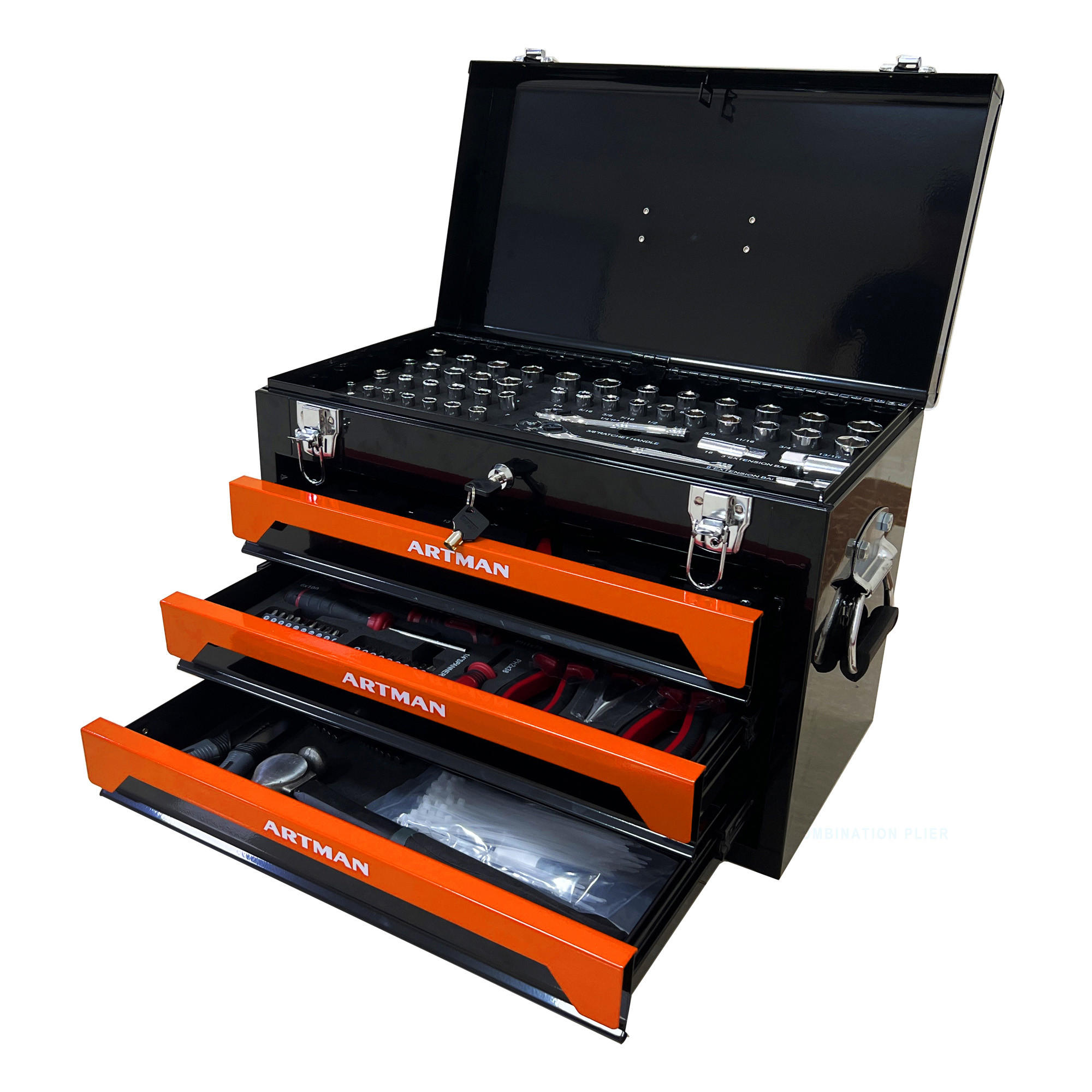 WERKZEUGKOFFER 20 Zoll Stahl, 3 Schubladen, Metallverschluss, Orange - Schwarz, Metall (27/35/50cm) - Novahome