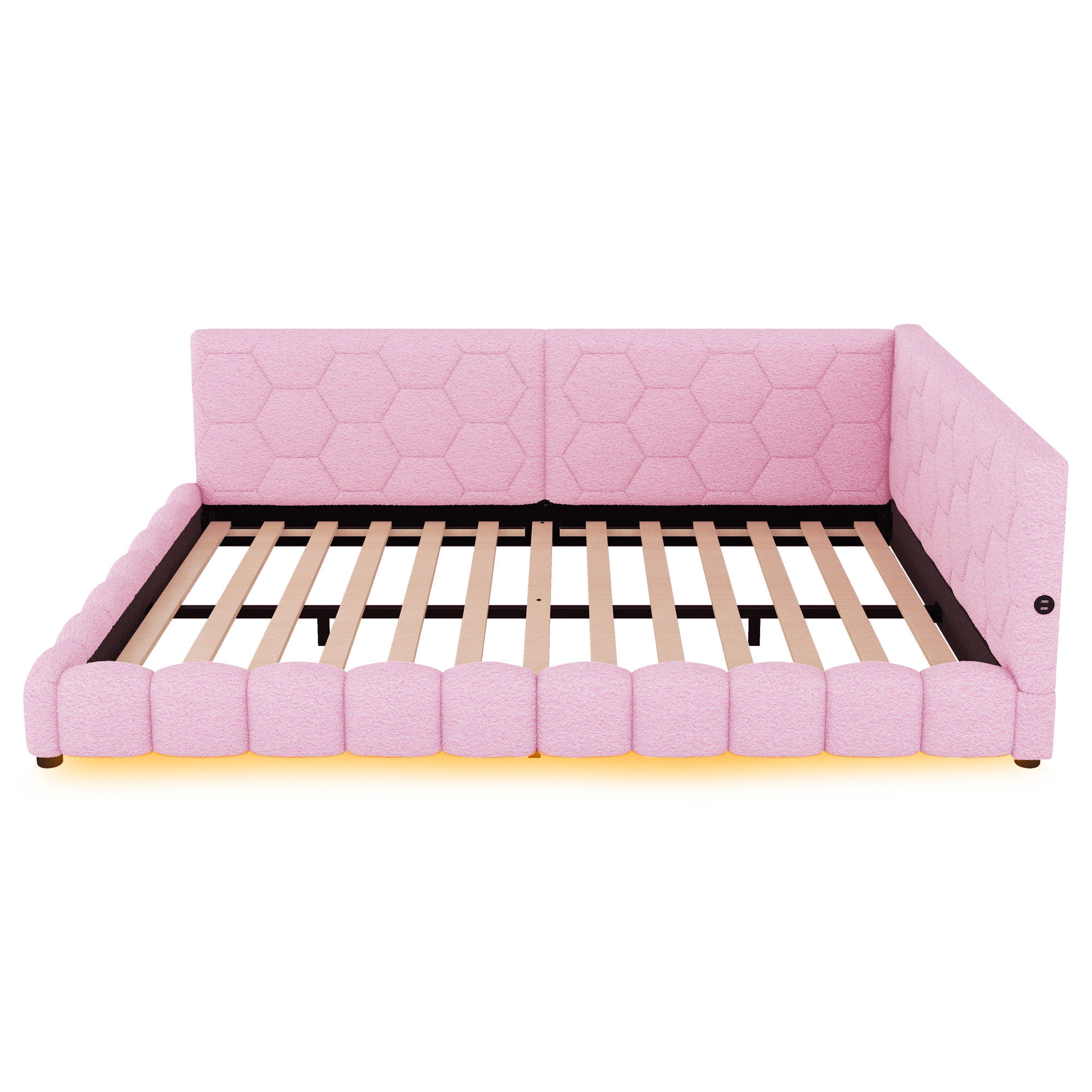 Modfu ČALOUNĚNÁ postel z MDF a umělého sametu 140x200 cm růžová s LED osvětlením, USB-C a USB portem