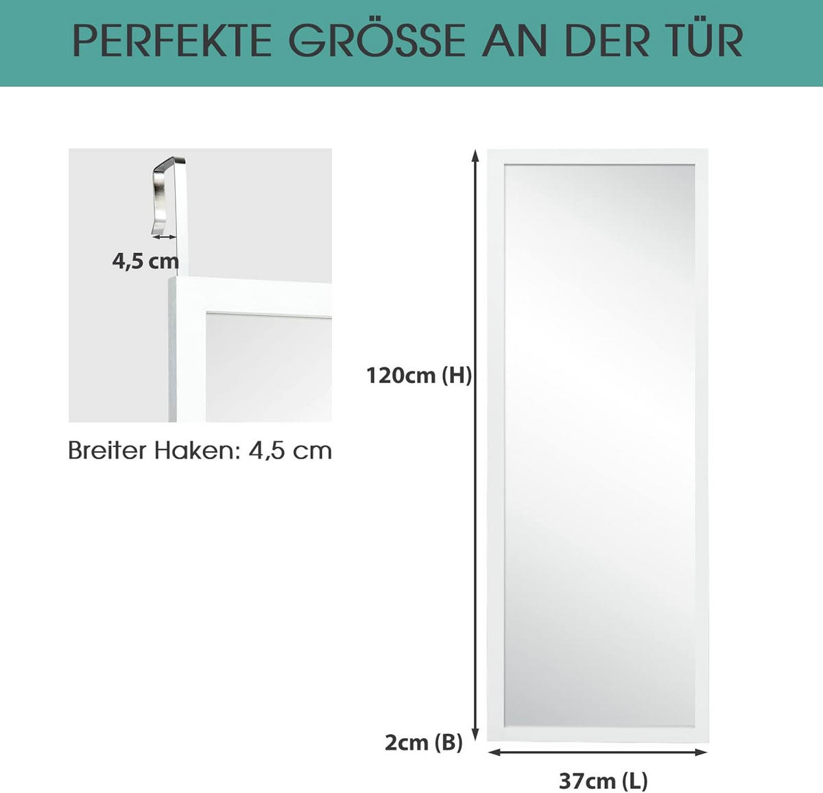 WANDSPIEGEL Türspiegel Weiß - Weiß, Glas (120/37/2cm) - COSTWAY