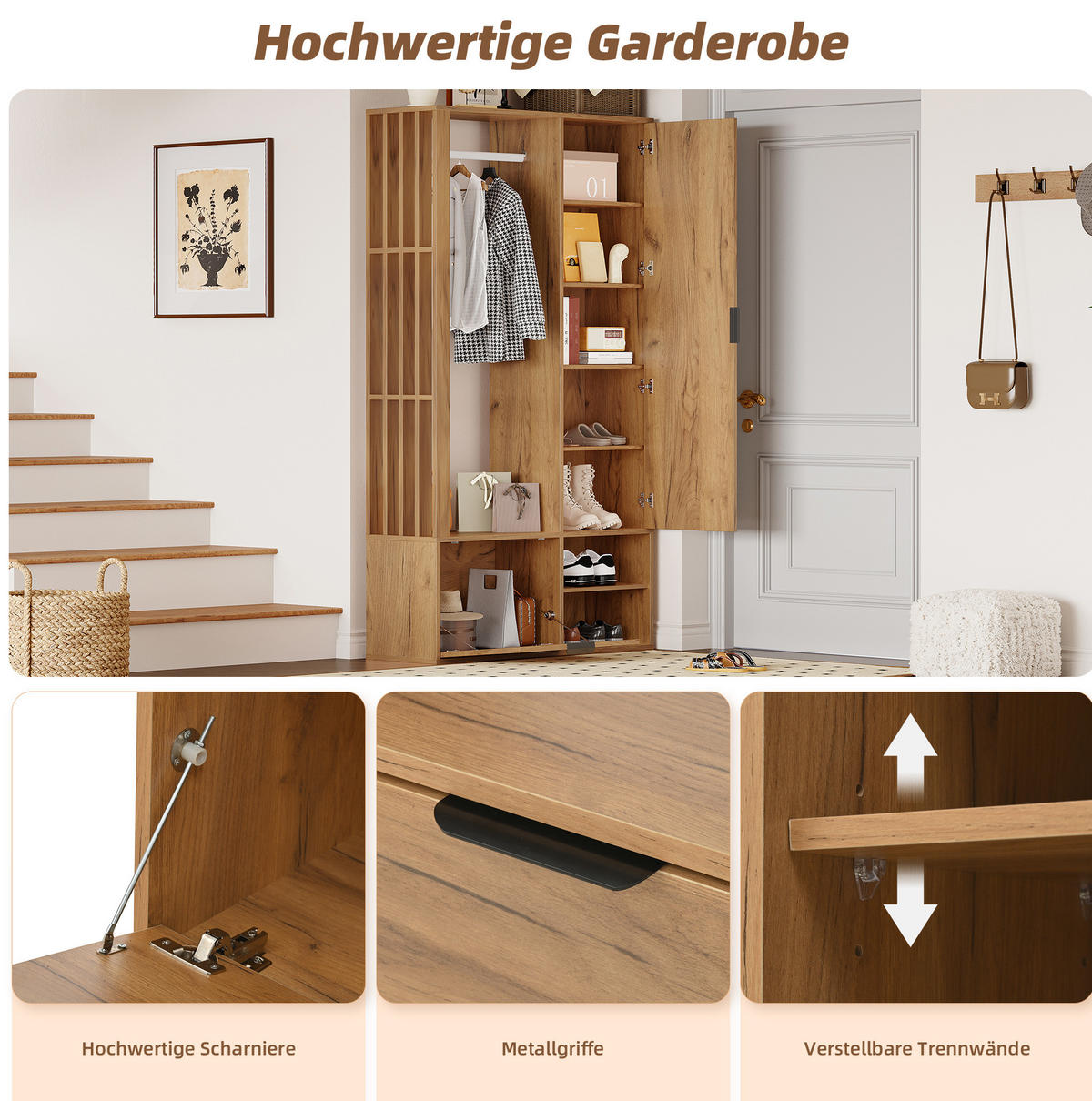 GARDEROBENSCHRANK 100/33/190 cm aus Spanplatte mit Spiegel und Kleiderstange Natur - Naturfarben, Holzwerkstoff (33/190/100cm) - Modenvie