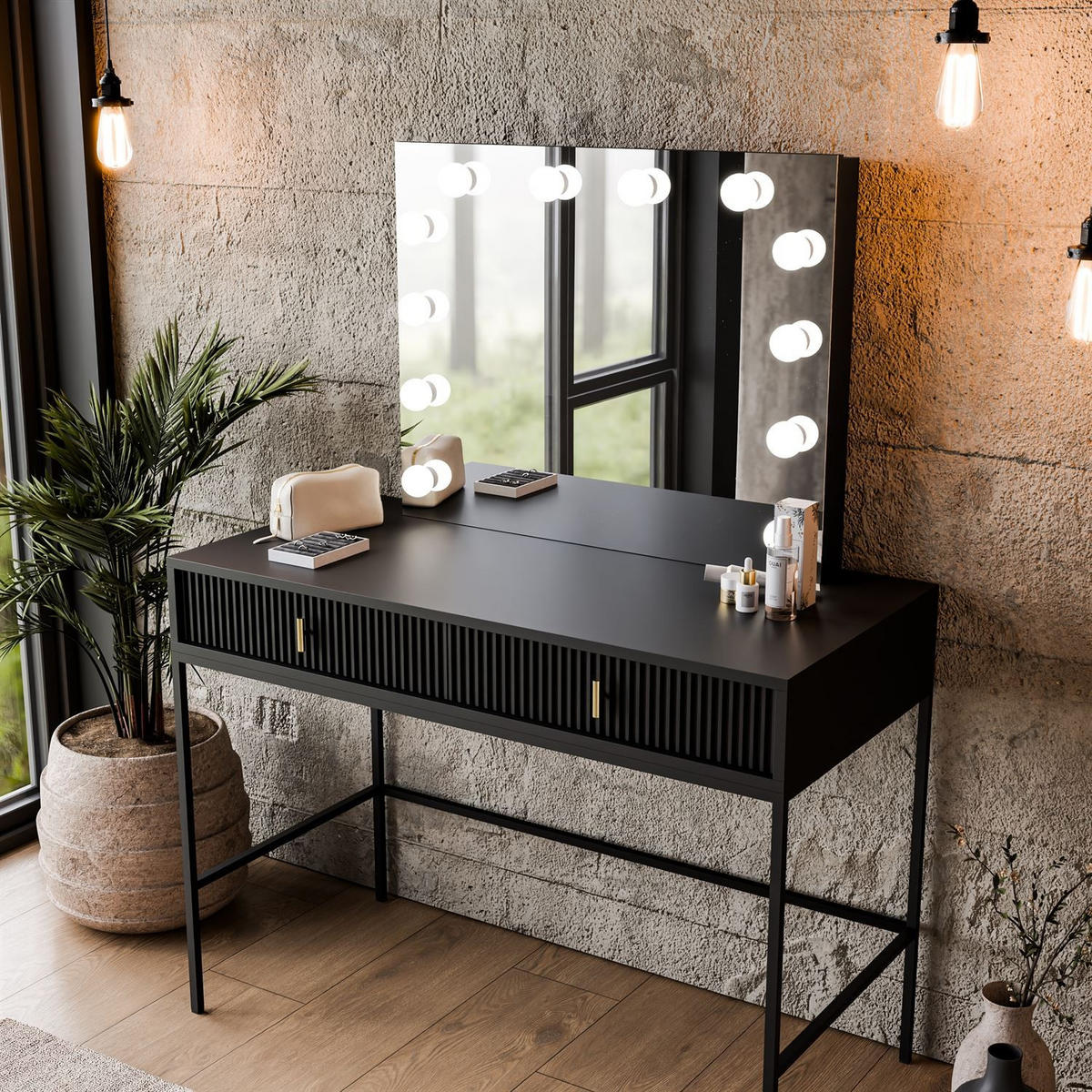 FRISIERTISCH MIDNIGHT ELITE mit LED-Spiegel schwarz - Schwarz, Holzwerkstoff (104/77/50cm) - Lookway