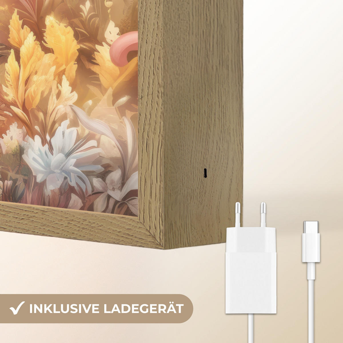 NÁSTĚNNÁ LAMPA S AKUMULÁTOREM Jednorožec - Květiny - Motýl - Růžová 40x30 cm - béžová, kompozitní dřevo (40/30/8cm) - OnlyWow