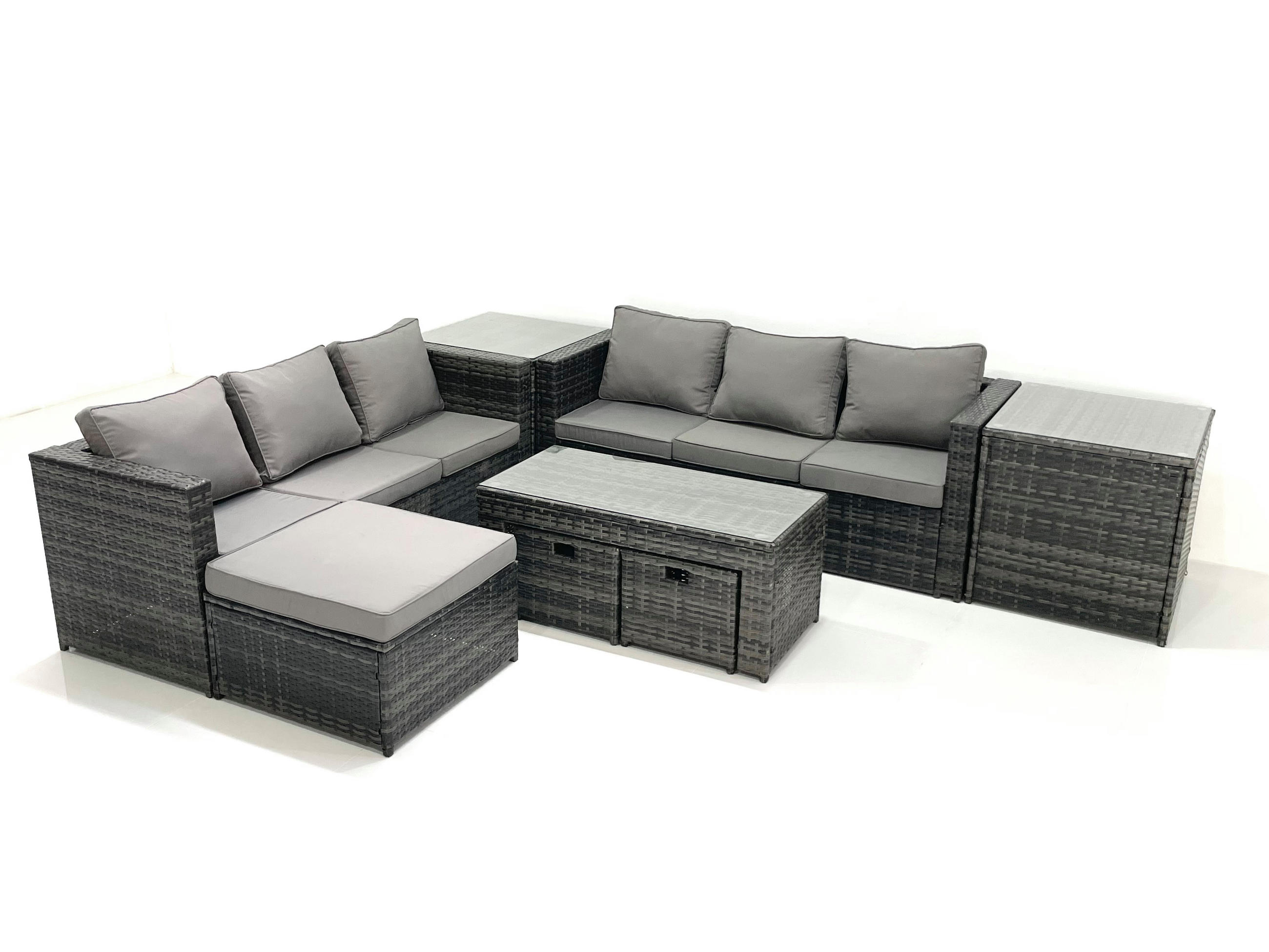 GARTENMÖBEL COUCHTISCH SET mit Sofa Polyrattan Outdoor 9-Sitzer - Dunkelgrau/Grau, Glas/Kunststoff - Fimous