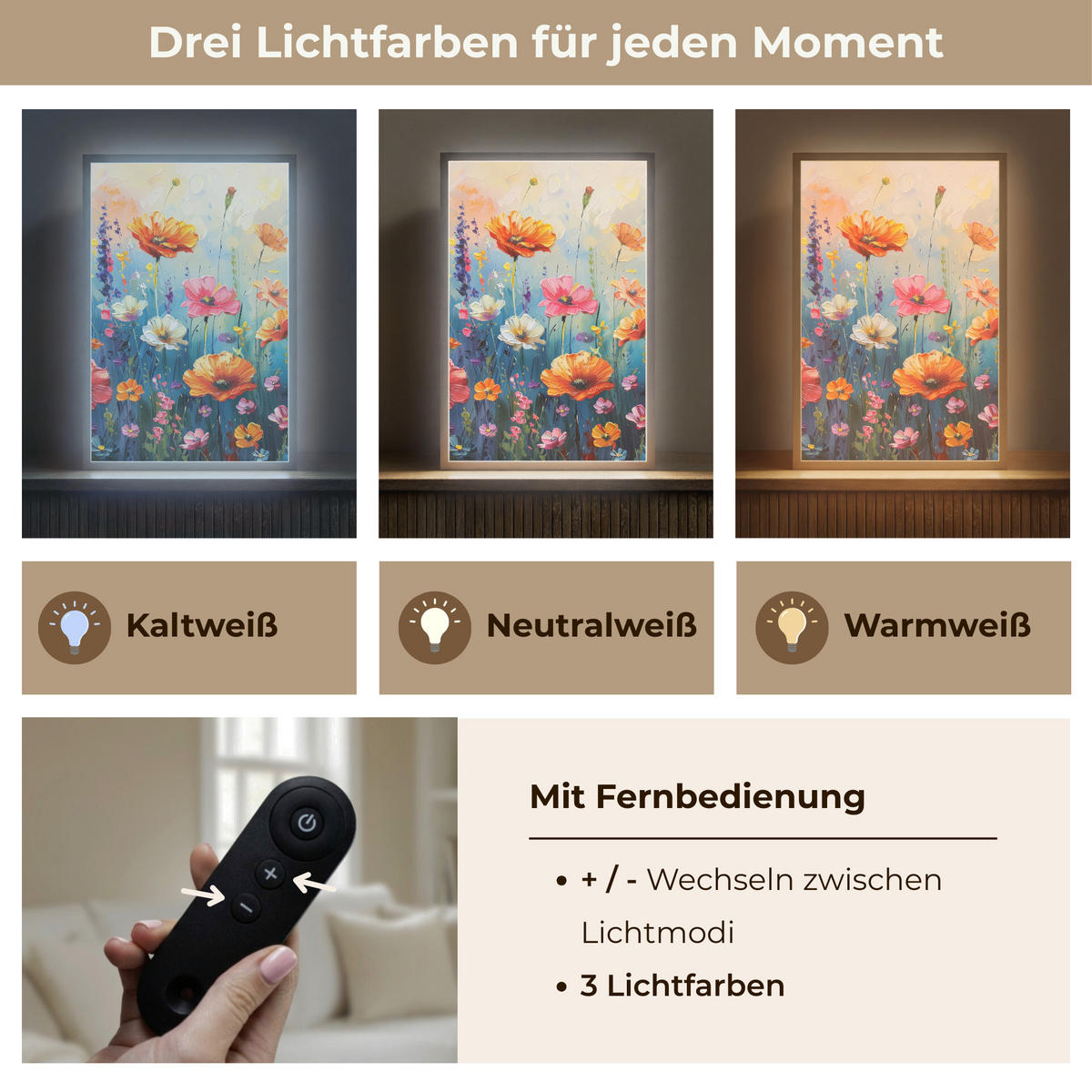 NÁSTĚNNÁ LAMPA S AKUMULÁTOREM Květiny - Příroda - Akvarel - Umění 40x60 cm - různobarevná, kompozitní dřevo (40/60/8cm) - OnlyWow