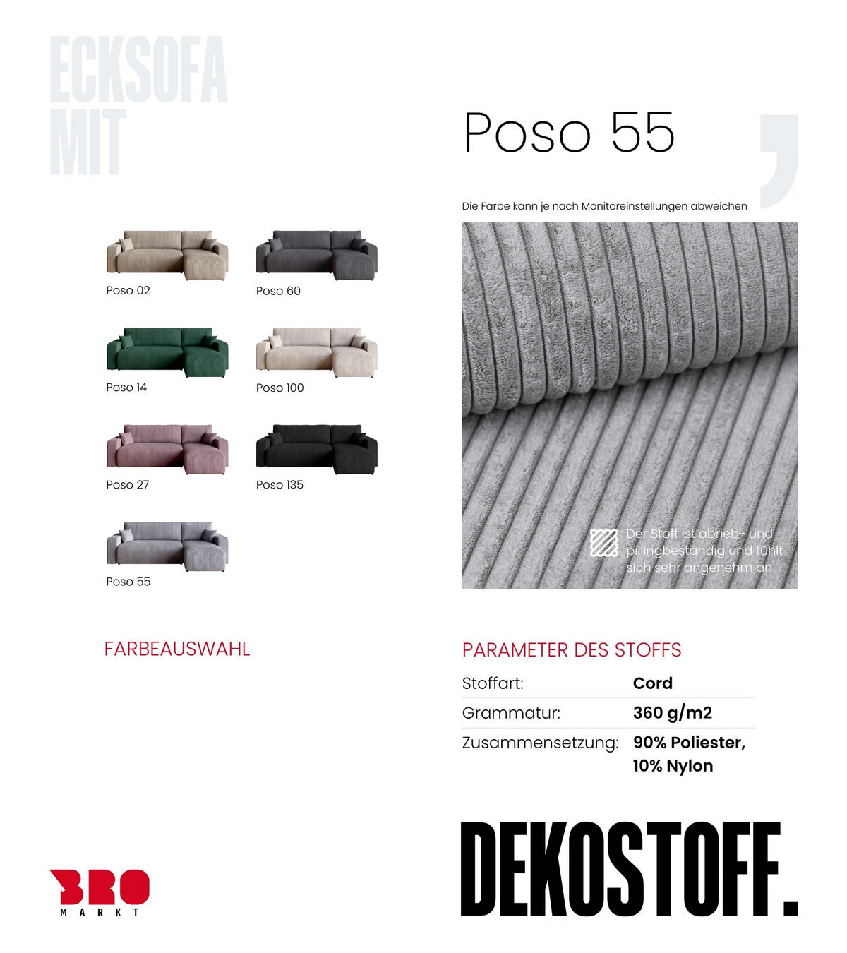 ECKSOFA PUMI mit Schlaffunktion Hellgrau Cord - Hellgrau, Textil (244/148cm) - Bromarkt