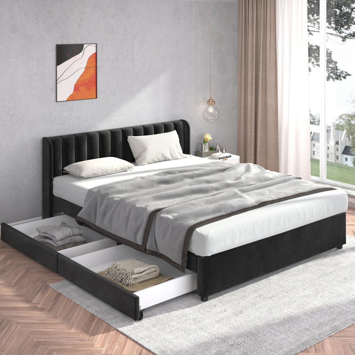 BETT mit 2 Schubladen 180x200 cm Samt Black - Schwarz, Holz (180/200cm) - Meubliv