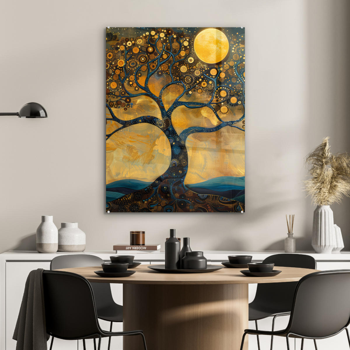 ACRYLGLASBILD Baum - Mond - Blumen - Gold - Kunst 60x80 cm - Orange, Glas (60/80cm) - MuchoWow