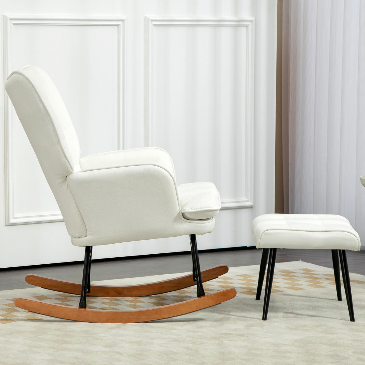 SCHAUKELSTUHL Schwingsessel mit Hocker Armlehnsessel Relaxsessel mit Leinenoptik - Weiß, Kunststoff (89/90/64cm) - HOMCOM