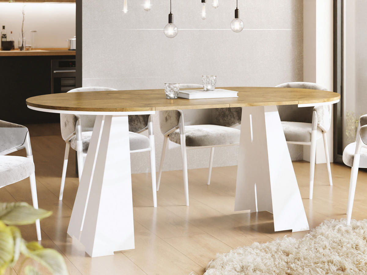 ESSTISCH Kova runder ausziehbarer, Lancelot Eiche 100-180/100/76 cm - Eichefarben/Weiß, Holzwerkstoff/Metall (100/100/76cm) - WFL GROUP