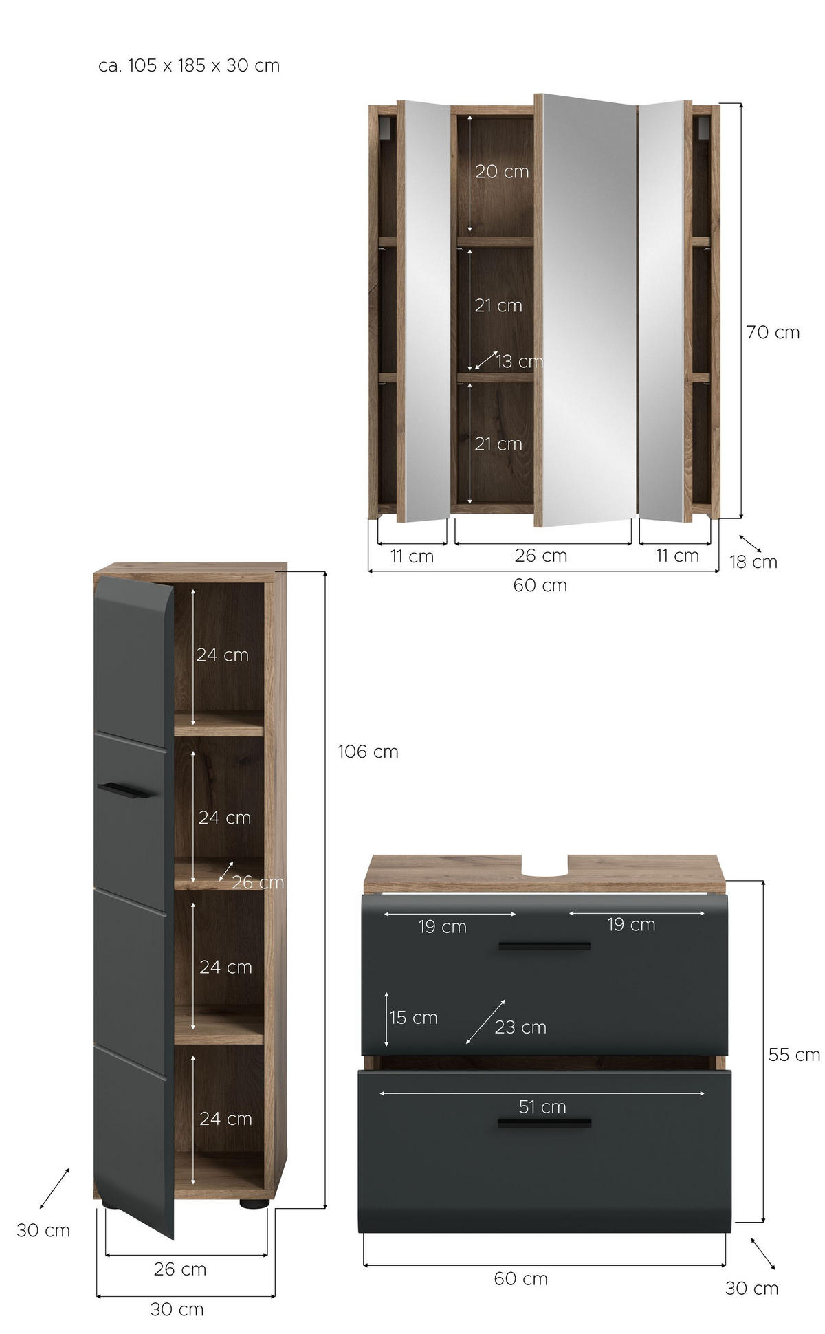 BADEZIMMER Alba 3-tlg. (B/H/T: ca. 105/185/30 cm) in Nox Oak /schwarz matt - Eichefarben, Holz (105/185/30cm)