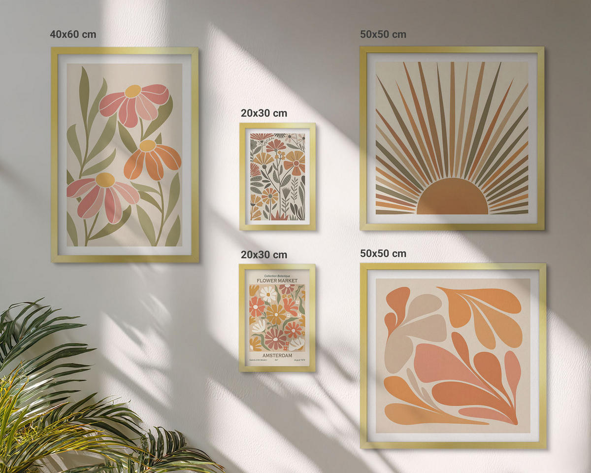 WANDBILDER 5er Set - 50x50 cm & 20x30 cm & 40x60 cm Goldrahmen - Pastellfarbene Sonnenblumen - Goldfarben, Kunststoff (40/60cm) - ArtPrintCave