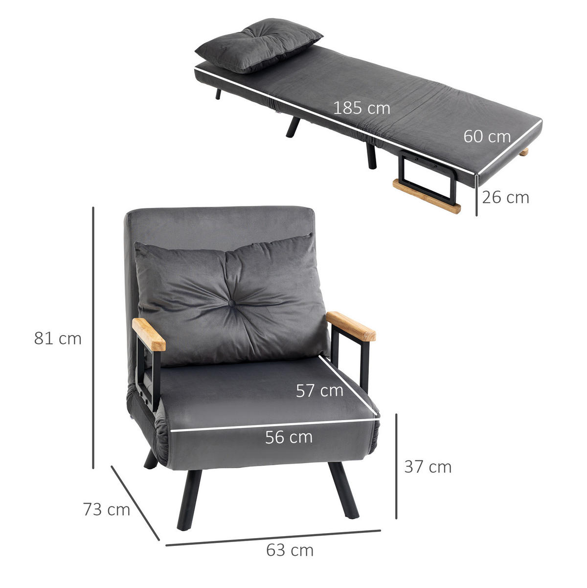 SCHLAFSESSEL 63/73/81 cm mit Liegefläche 63/185 cm, 5-fach verstellbar - Dunkelgrau, Metall (73/81/63cm) - BEAOK