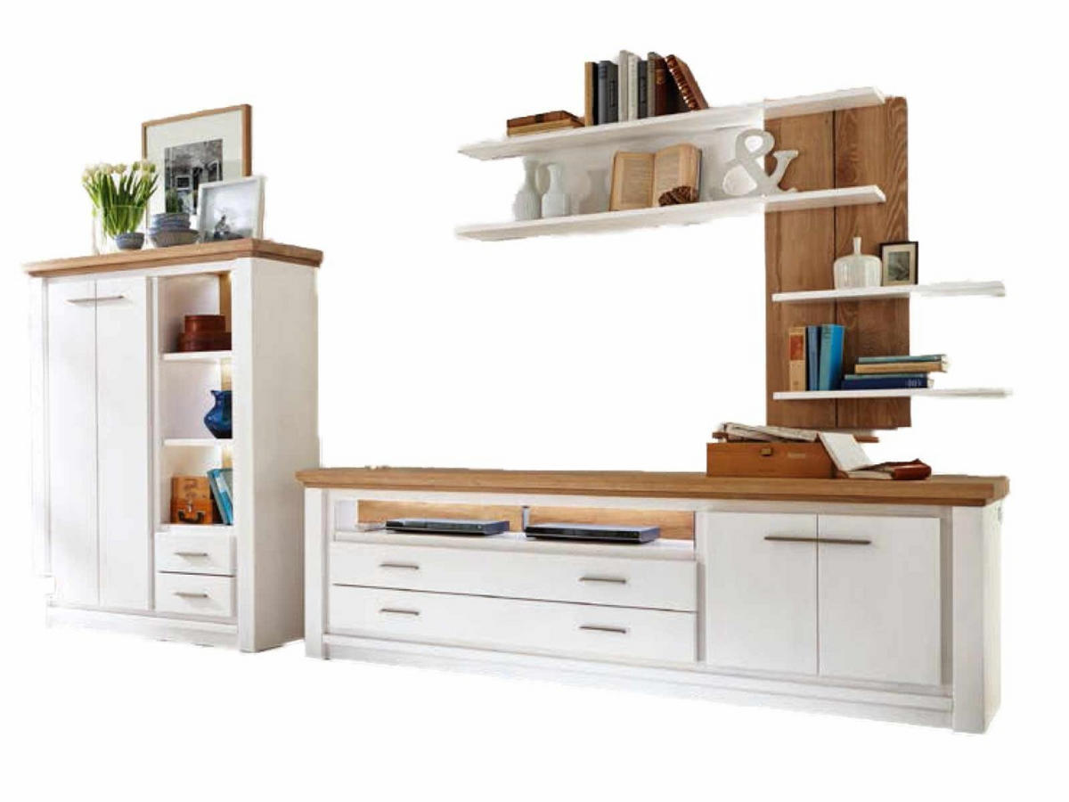 WOHNWAND weiß Olbia Wildeiche 327/45/189 cm - Weiß/Braun, Holz (327/189/45cm) - Casamia Massive Möbel