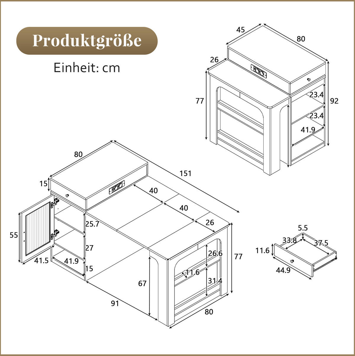KÜCHENINSEL 80/71-151/92 cm aus MDF und Glas mit ausziehbarer Tischplatte Weiß/Natur - Weiß, Holzwerkstoff (151/92/80cm) - Modenvie