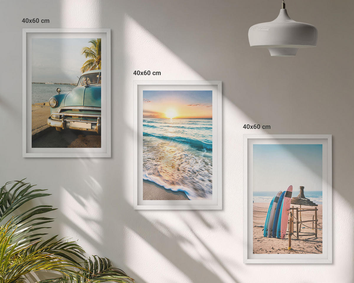 BILDER SET 3er Set - 40x60 cm Weißer Rahmen - Sonnenuntergangsurlaub in Miami - Weiß, Kunststoff (40/60cm) - TULUP