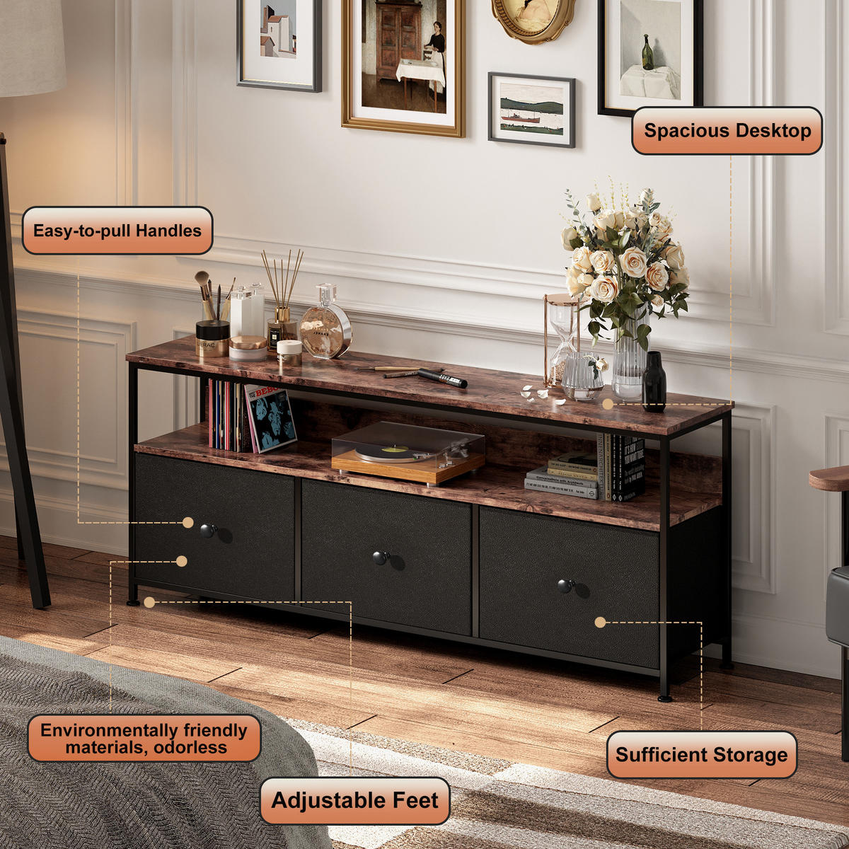 TV-SCHRANK, TV Board mit LED, 137 cm, Fernsehtisch mit 3 Stoffschublade - Bernsteinfarben, Holz (30/57/137cm)