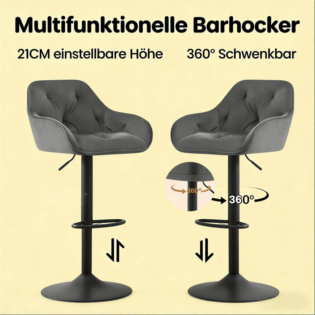 BARHOCKER 2er-Set höhenverstellbar 62,5-84 cm Samt Dunkelgrau - Dunkelgrau, Metall (37/108.5/37.5cm) - Meubliv