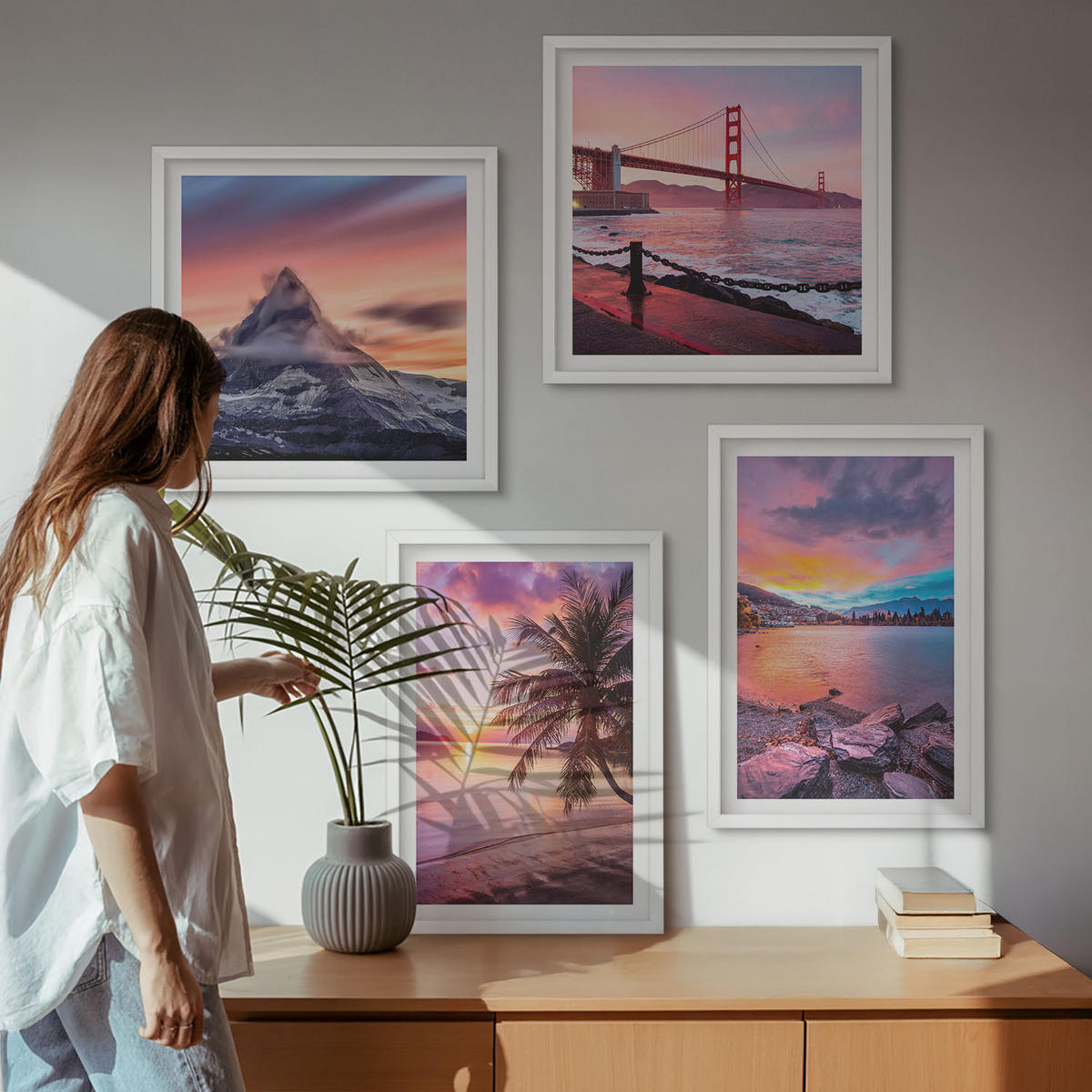 BILDER SET 4er Set - 50x50 cm & 40x60 cm Weißer Rahmen - Sonnenuntergangsbrücke Landschaft - Weiß, Kunststoff (50/50cm) - TULUP