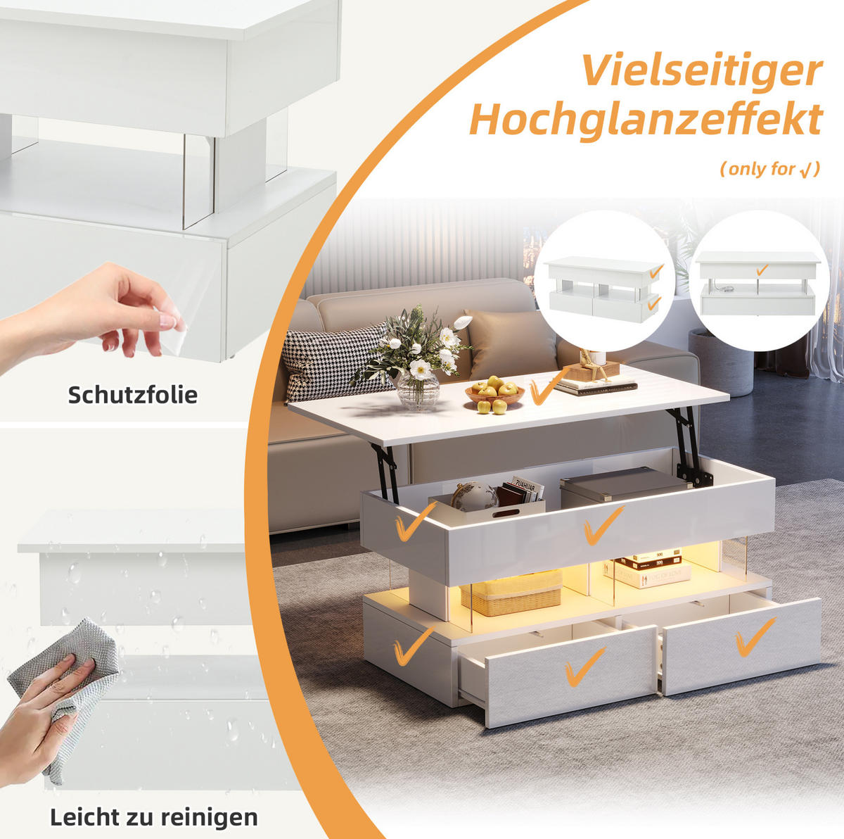 COUCHTISCH 100/50/46 cm weiß aus MDF mit Hubfunktion und LED - Weiß, Holzwerkstoff (100/50/46cm) - OKMYHOME