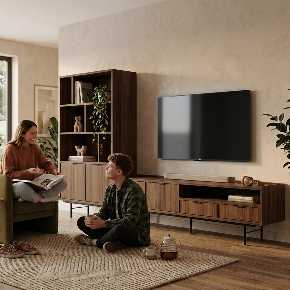 WOHNWAND Evron 2-teilig Bücherregal 90 cm + TV-Board 200 cm, Walnuss - Walnussfarben/Schwarz, Holzwerkstoff/Metall (200/185/35cm) - Beautysofa