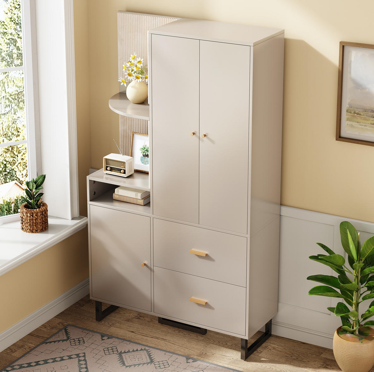 STANDGARDEROBE 110/38/186 cm mit Kleiderstange, Schubladen und Schrank in Graubeige - Beige, Holzwerkstoff (110/186/38cm) - BEAOK