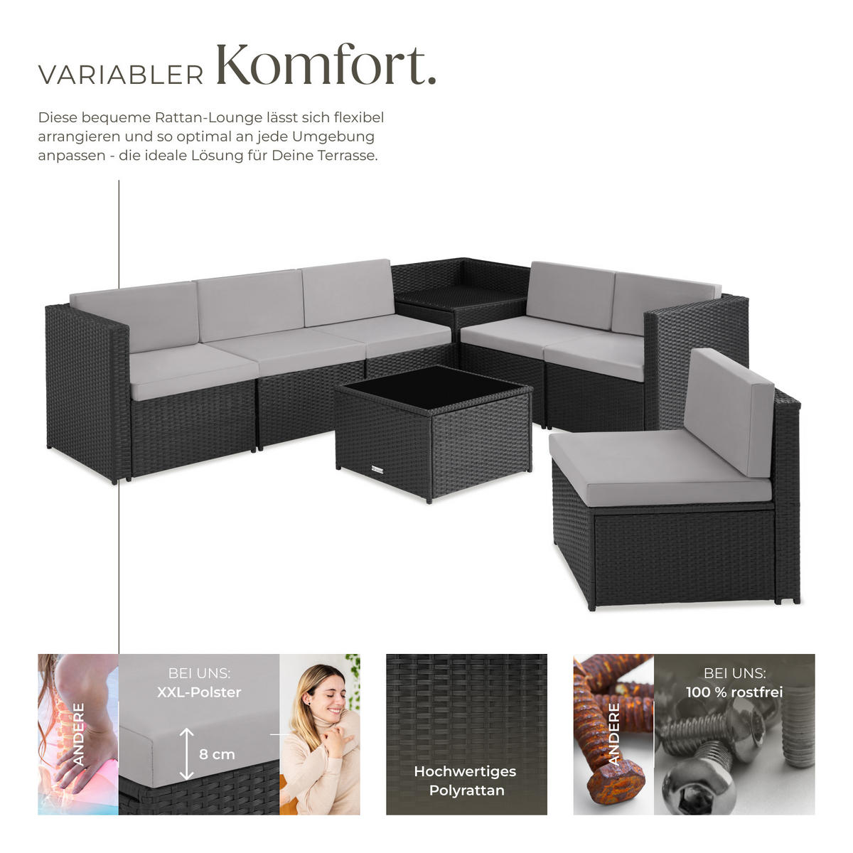 RATTANLOUNGE Verona,mit Sicherheitsglasplatte,schwarz - Schwarz, Kunststoff - tectake