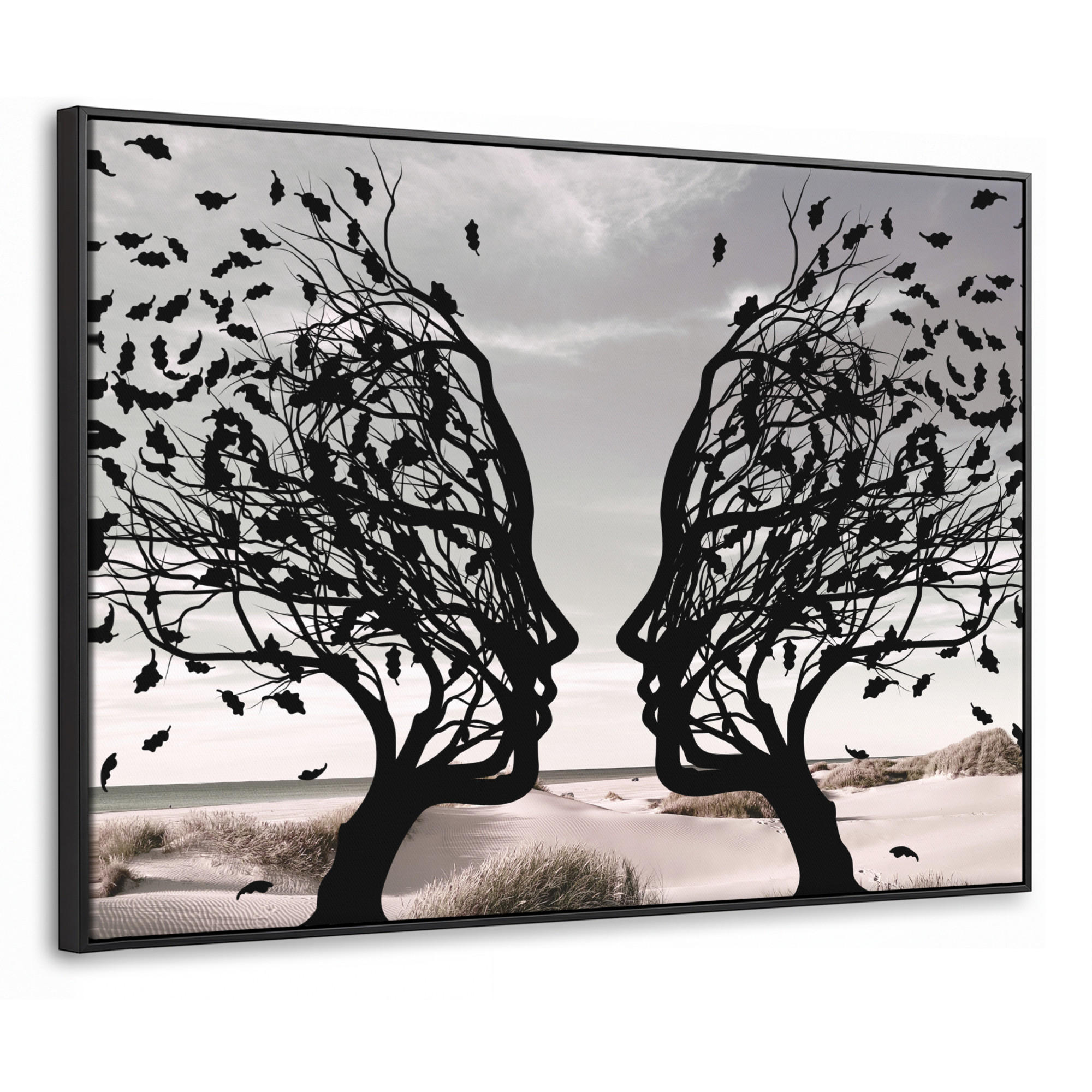 LEINWAND Bilder mit Rahmen - Strand - Meer - Menschen - Baum - Moderne Kunst - 80x60 - Hellgrau, Textil (80/60cm) - MuchoWow