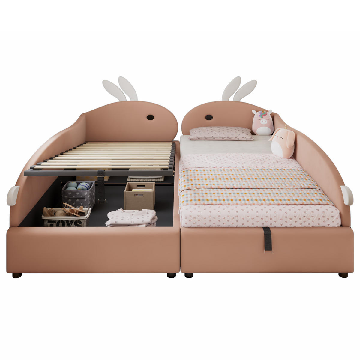 POLSTERBETT 90/200 cm Rosa + Weiß mit Häschen-Kopfteil und hydraulischem Stauraum aus Samt - Dunkelrosa, Textil (90/200cm) - OKWISH