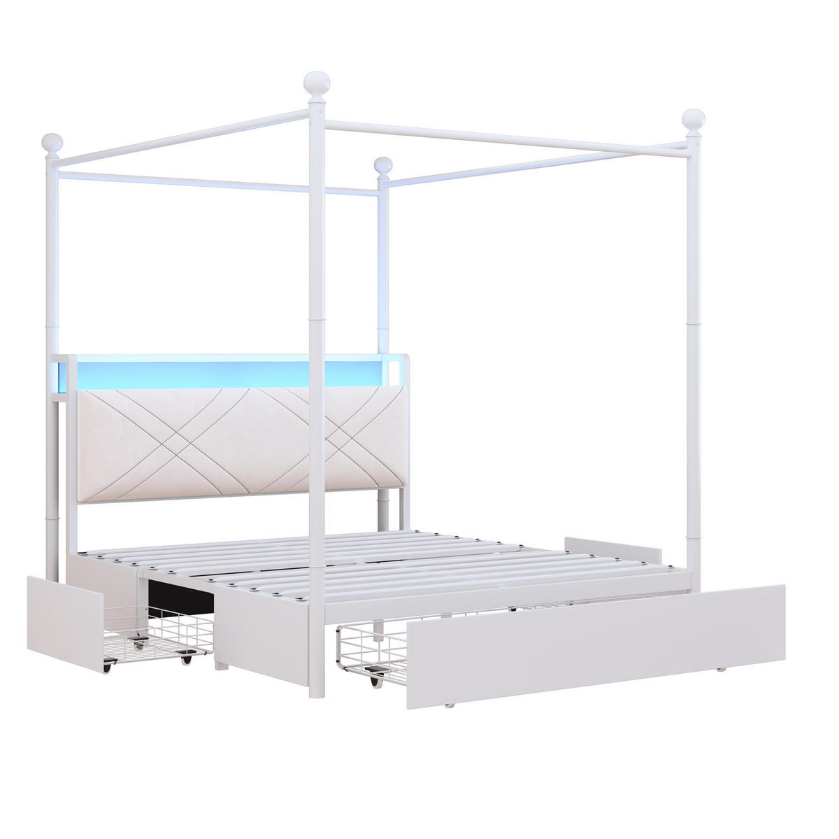 POSTEL s nebesy 140/190 cm bílá z kovu s LED osvětlením USB/Type-C a úložným prostorem - bílá, kov (140/190cm) - OKWISH