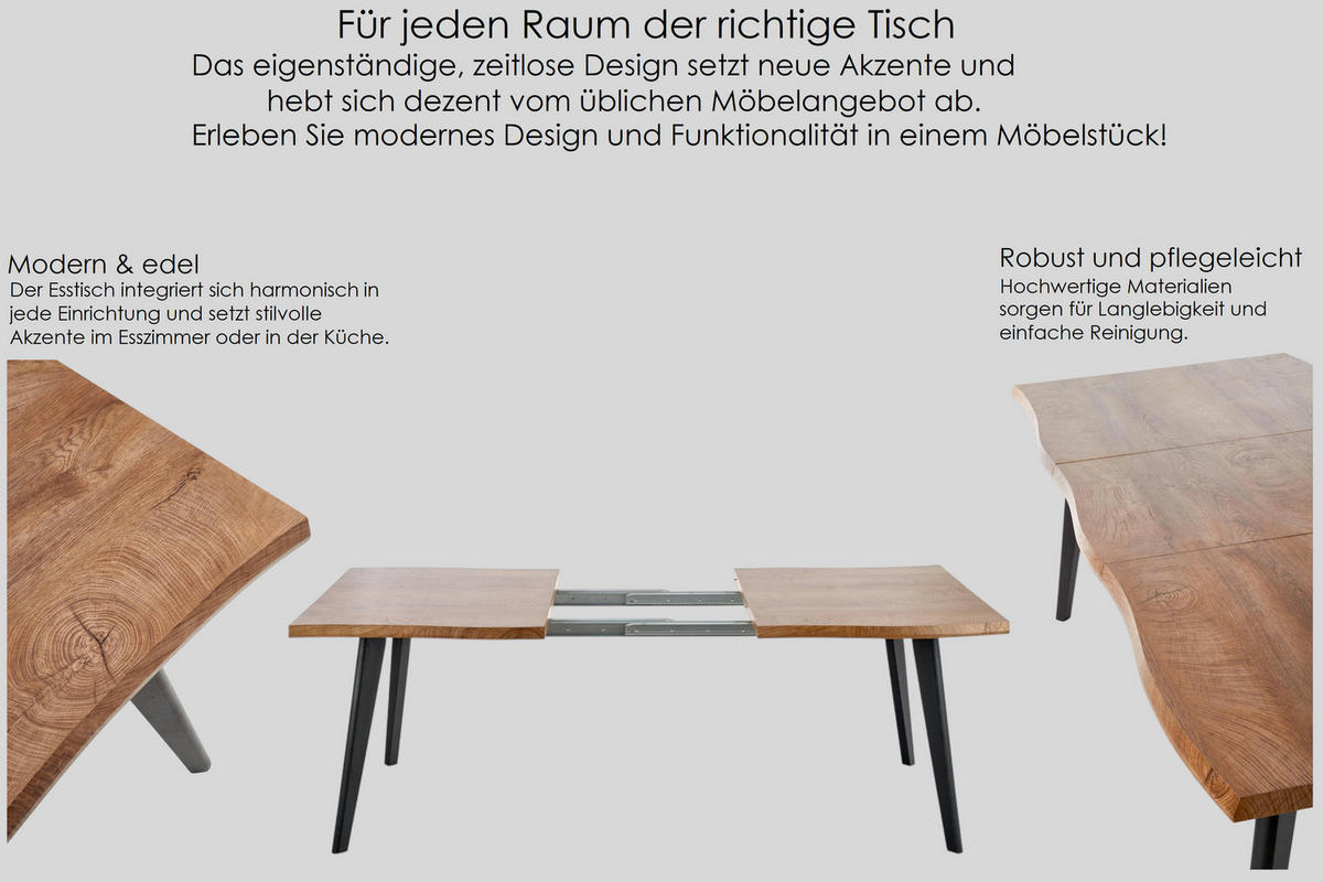 ESSTISCH rechteckig ausziehbar Eiche Natur Echtholz Baumkante - Eichefarben, Holz (80/120/75cm) - designimpex