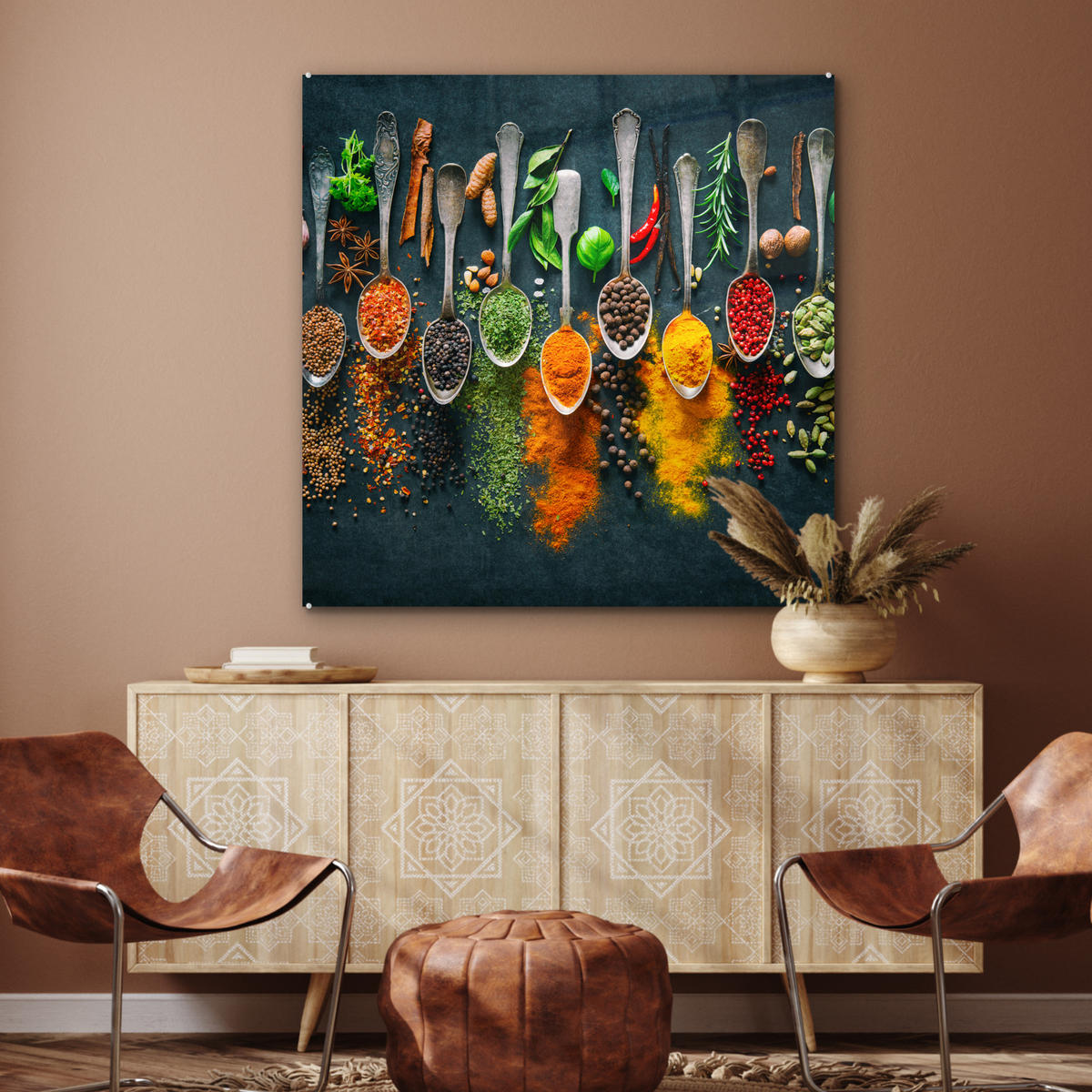 ACRYLGLASBILD Kräuter - Gewürze - Löffel 90x90 cm - Currygelb, Glas (90/90cm) - MuchoWow