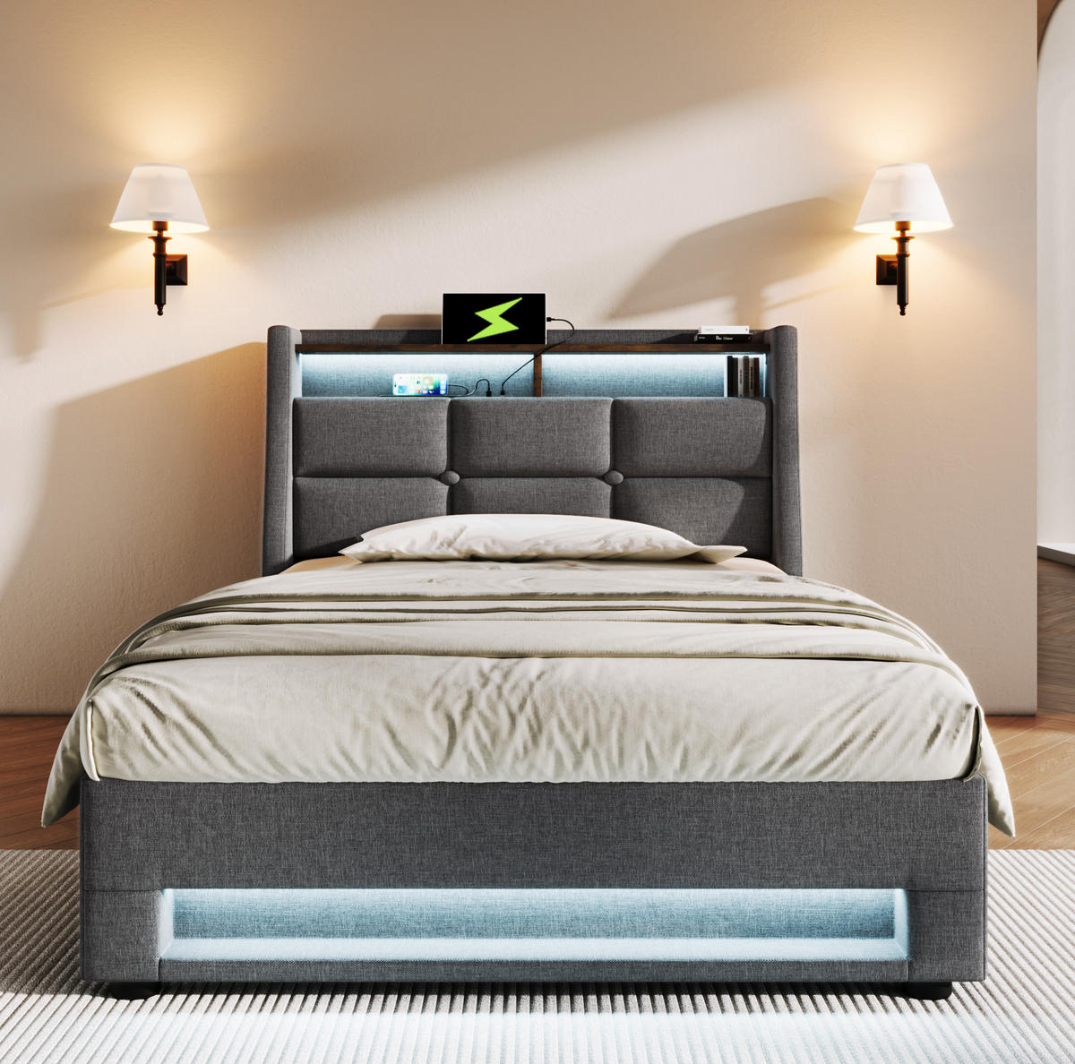 POLSTERBETT 90/200 cm Grau mit Stauraum, USB-Anschluss und LED-Beleuchtung - Grau, Textil (90/200cm) - Flora Grace