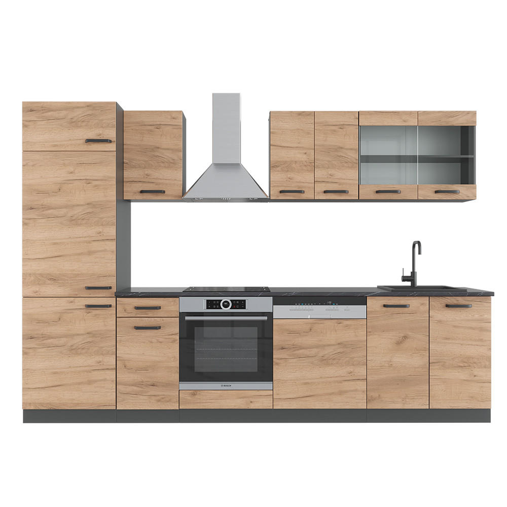 KÜCHENZEILE R-Line Goldkraft Eiche/Anthrazit 300 cm ohne AP - Anthrazit/Eiche Wotan, Holzwerkstoff (300/81.6/46cm) - Vicco