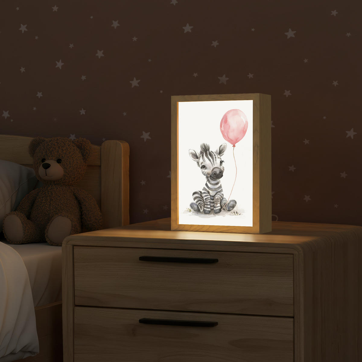 NACHTTISCHLAMPE Zebra - Baby - Tiere - Rosa Luftballon 20x30 cm - Weiß, Holzwerkstoff (8/20/30cm)