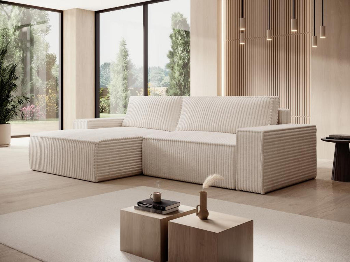 ECKSOFA mit Schlaffunktion - Ecke links - grob gerippter Cord - Beige - AMELIA - Beige, Textil (167/267cm) - Vente-Unique