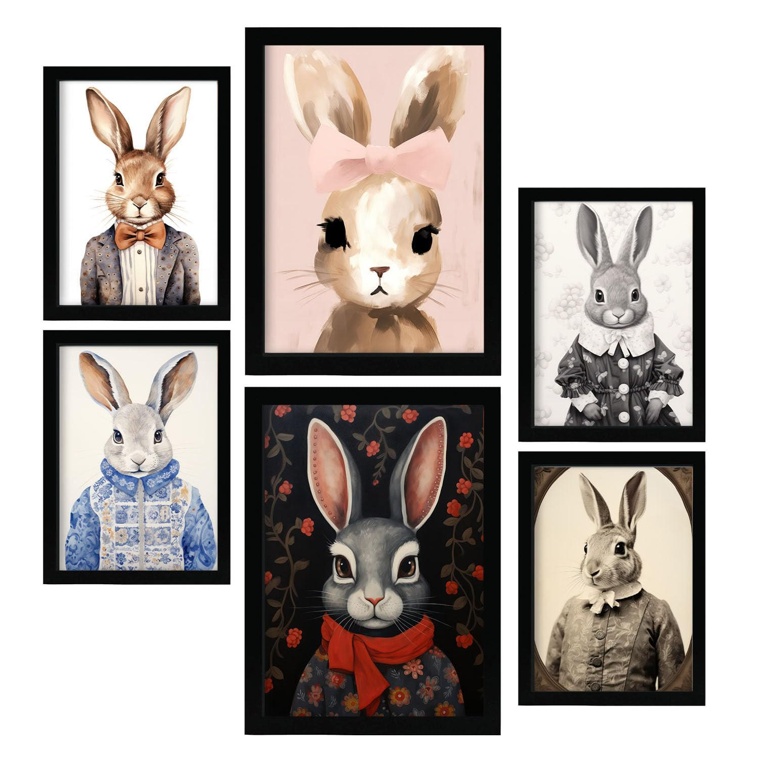 POSTER Set Mit 6 Kaninchen Und Hasen A3 & A4 Schwarzer Rahmen - Schwarz, Papier (29/3cm) - Nacnic