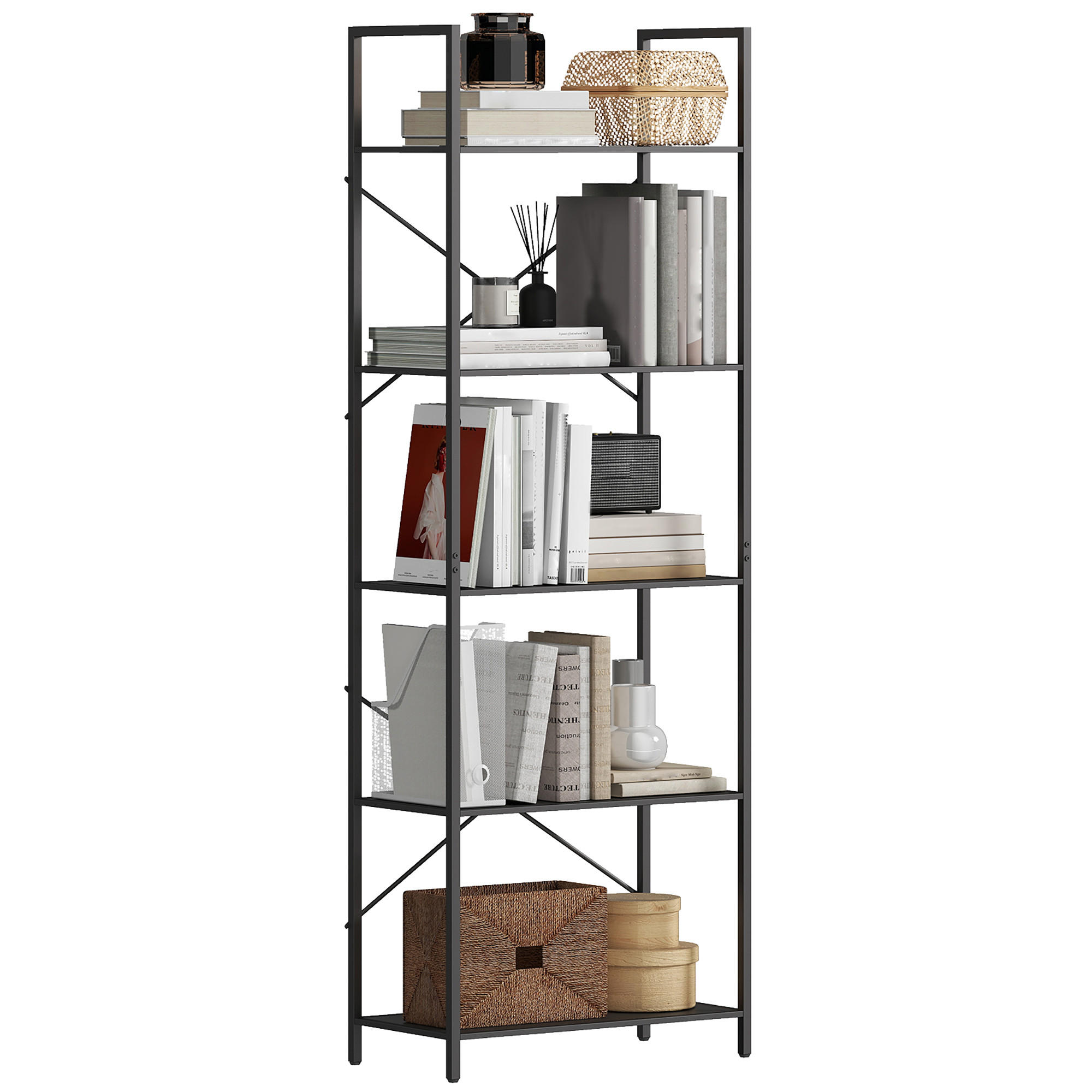 BÜCHERREGAL DE-09384 5 Ebenen mit Metallrahmen Schwarz - Schwarz, Metall (30/170.5/60cm) - ComfortXL
