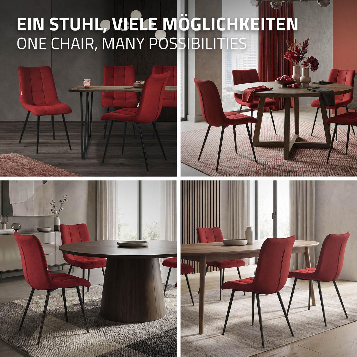ESSZIMMERSTUHL 6er Set - Rot/Schwarz, Textil/Metall (49/89/60.5cm) - ML-DESIGN