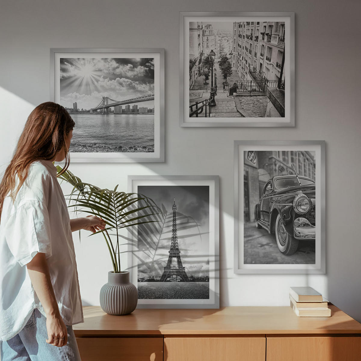 WANDBILDER 4er Set - 50x50 cm & 40x60 cm Silberner Rahmen - Stadtansichten, Brücken, Eiffelturm, Auto - Silberfarben, Kunststoff (50/50cm) - ArtPrintCave