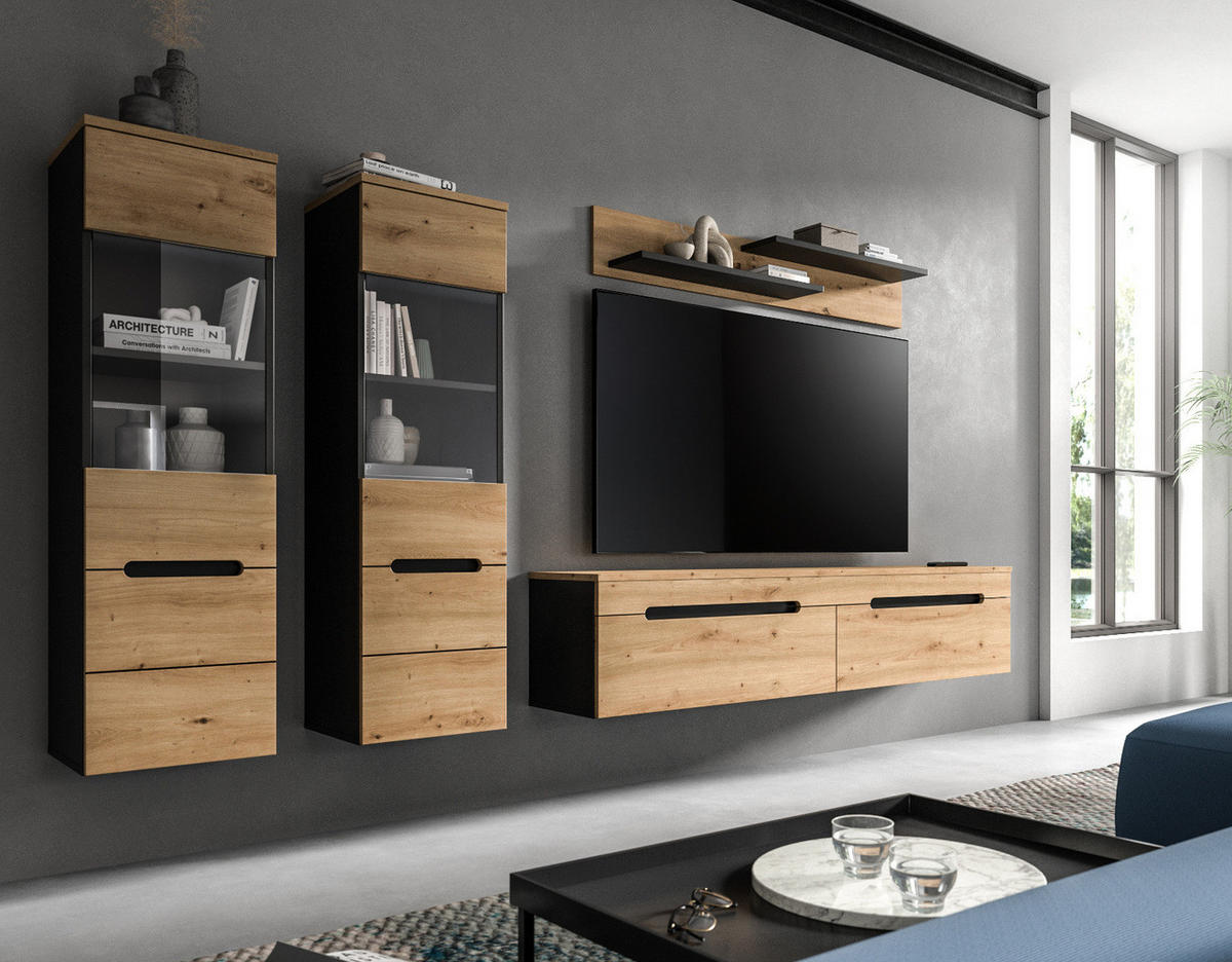 WOHNWAND Eiche Artisan, grau, Kombination 3-teilig 220 cm hängend oder stehend, Soft-Close, Cooper - Schwarz/Eiche Artisan, Glas/Holzwerkstoff (221/141/33cm) - Inn.Furn