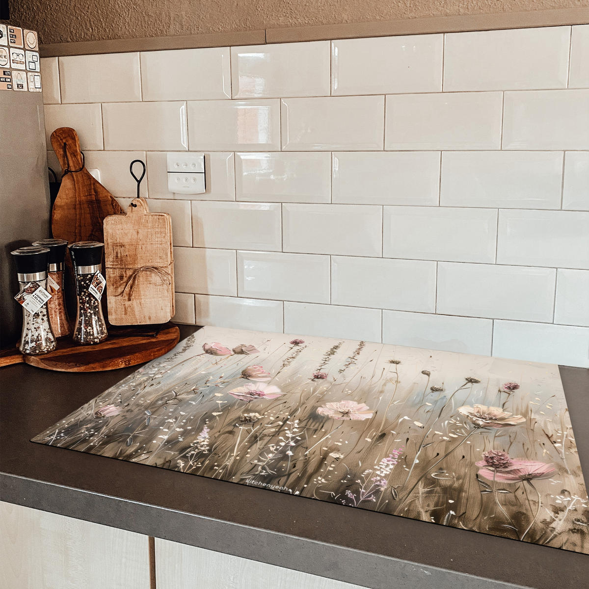 HERDABDECKPLATTE Blumen - Beige - Trockenblumen Ceranfeldabdeckung 76x51.5 cm - Beige, Kunststoff (76/51.5/0.2cm) - MuchoWow