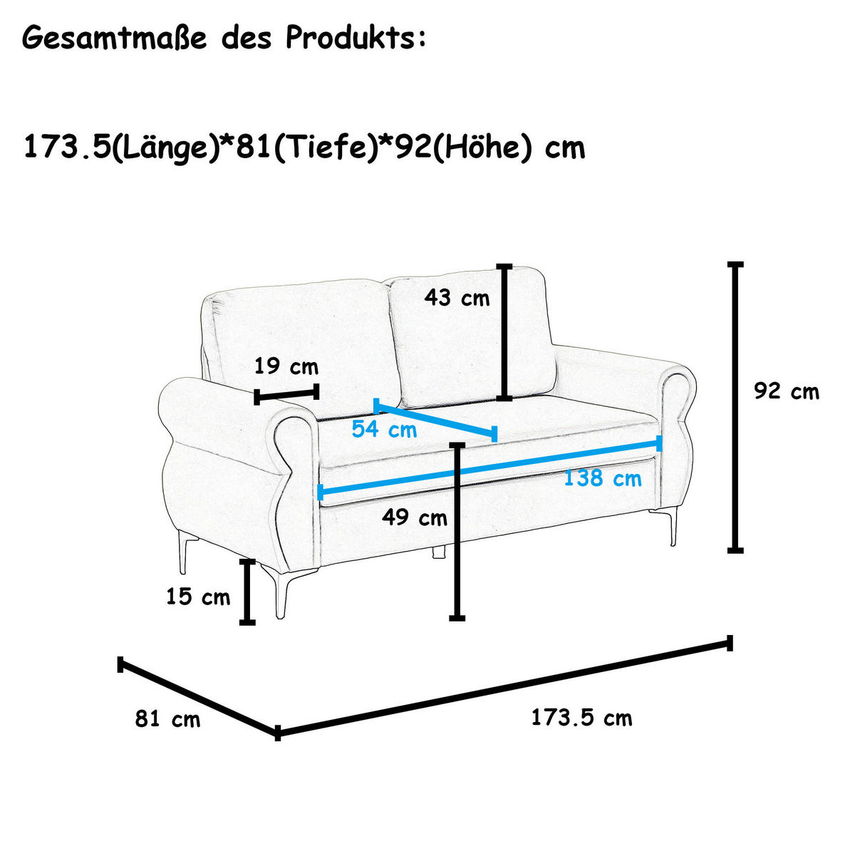SOFA kompakt 173,5 cm Metall-Holz Light Grey - Hellgrau, Holzwerkstoff (173.5/92/81cm) - Meubliv