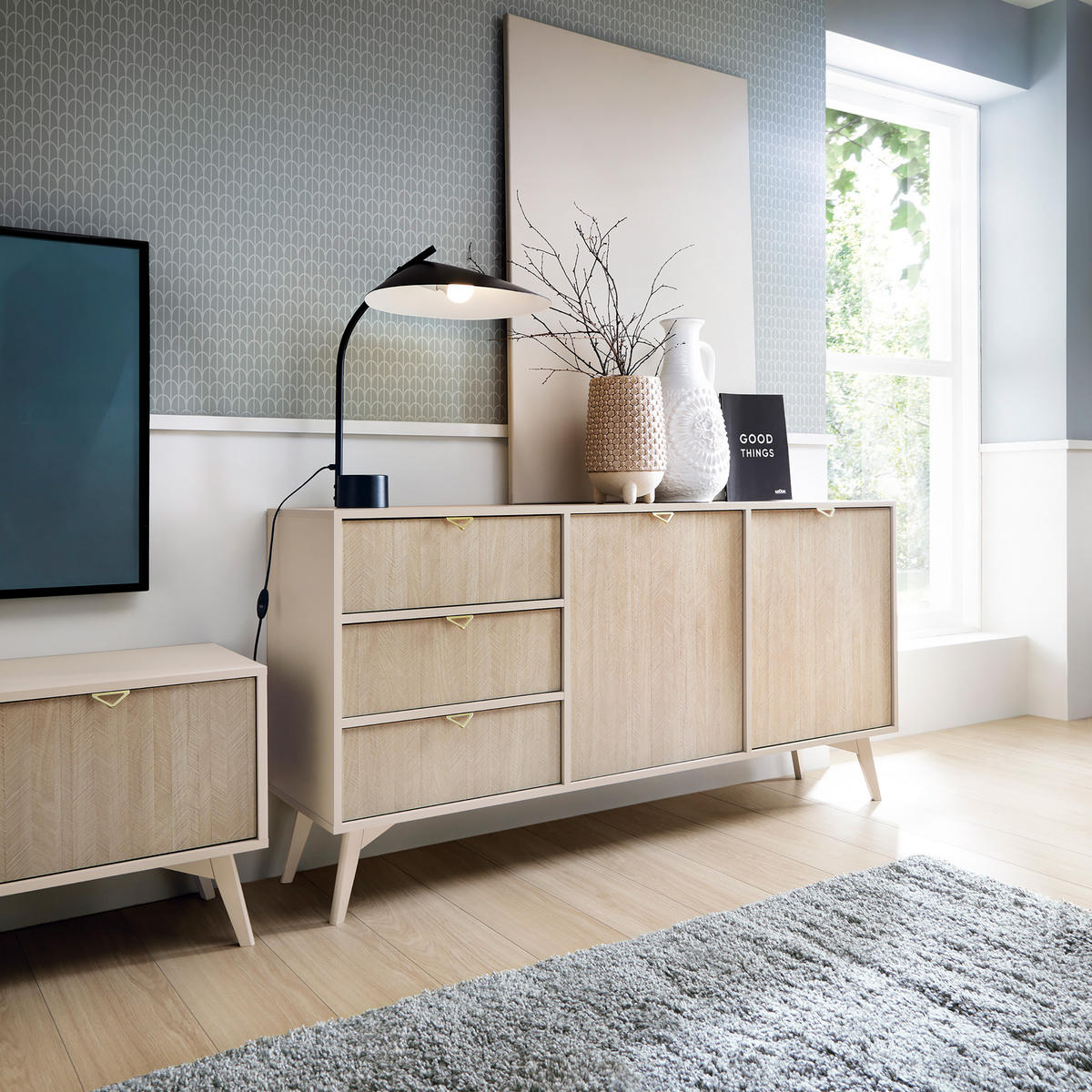 SIDEBOARD FORESTA 158/80/38 cm mit 3 Schubladen 2 Türen Beige - Beige/Kieferfarben, Holzwerkstoff (158/80/38cm) - MASSENO