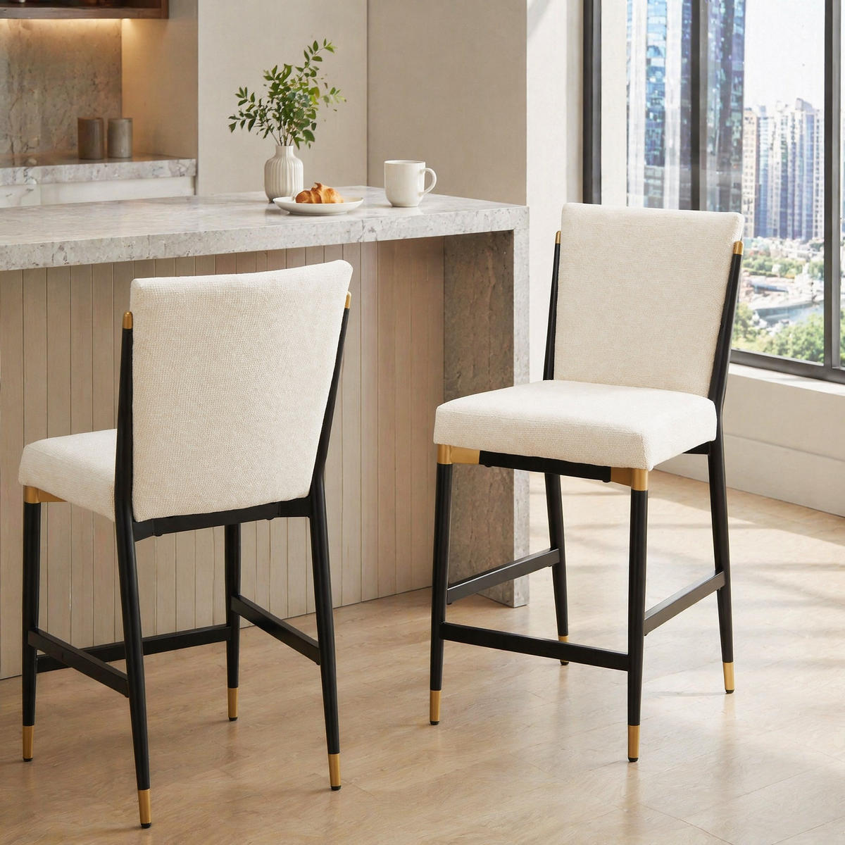 BARHOCKER 2er-Set Beige mit rechteckiger Fußstütze - Beige, Textil (49/102/59cm) - MIVRAY