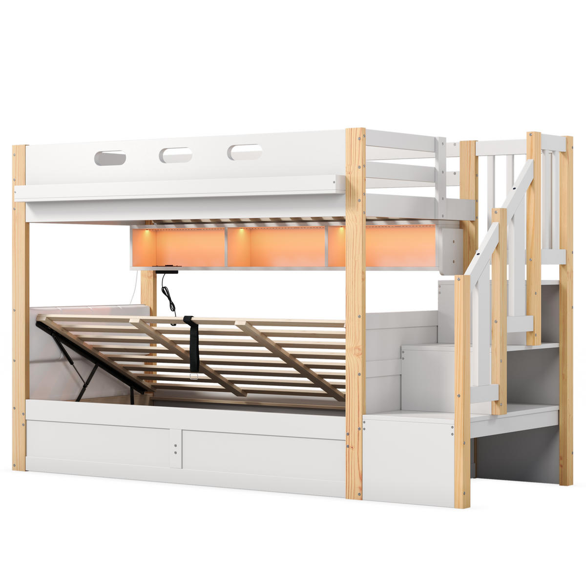 ETAGENBETT 90/200 cm mit Hydraulik und LED, DE-41821, in Weiß - Weiß, Holz (90/200cm) - ComfortXL