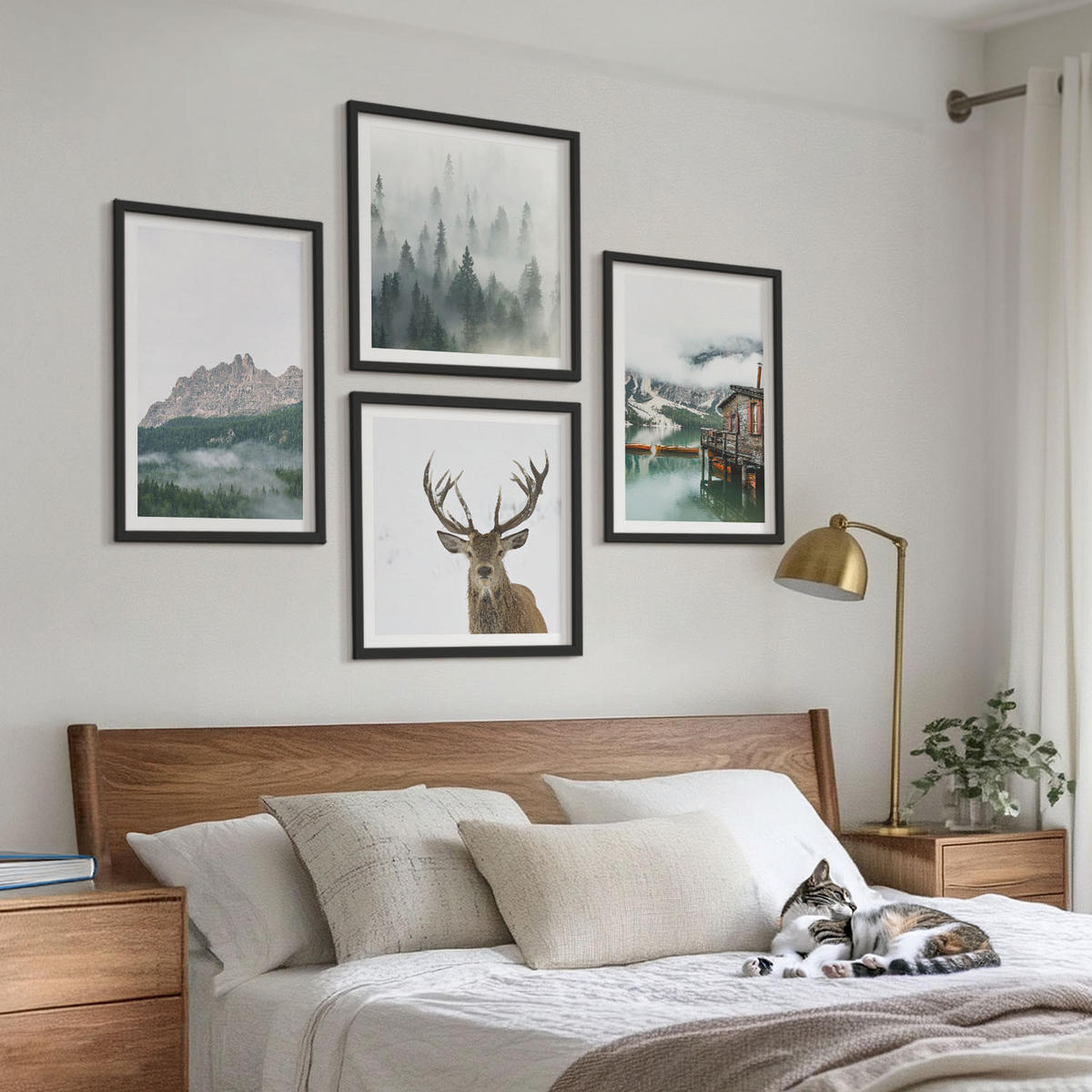 WANDBILDER 4er-Set - 50x50 cm & 40x60 cm Schwarzer Rahmen - Berge, See, Hirsche, Hütte, Nebel - Schwarz, Kunststoff (50/50cm) - ArtPrintCave
