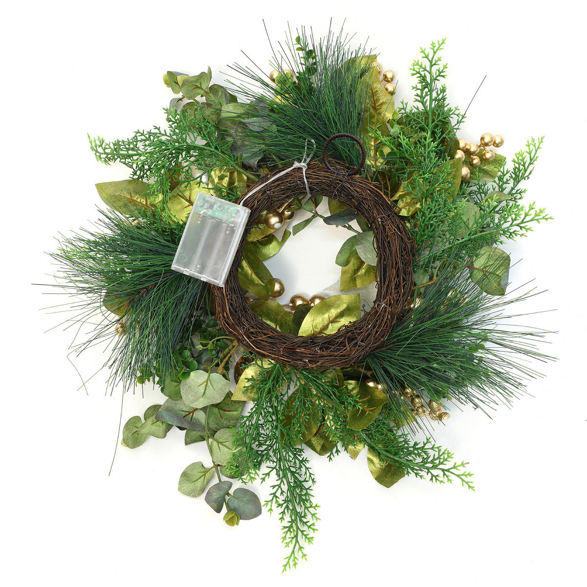 40 cm Weihnachtskranz mit LED&Timer, Goldblüten & Eukalyptus - Grün, Kunststoff (50cm) - Hometopia